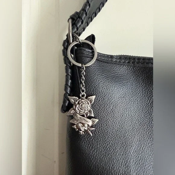 NEW ED HARDY DENIM SKULL, RHINESTONES and FLOWERS SHOULDER BAG Y2K biker - Picture 6 of 9